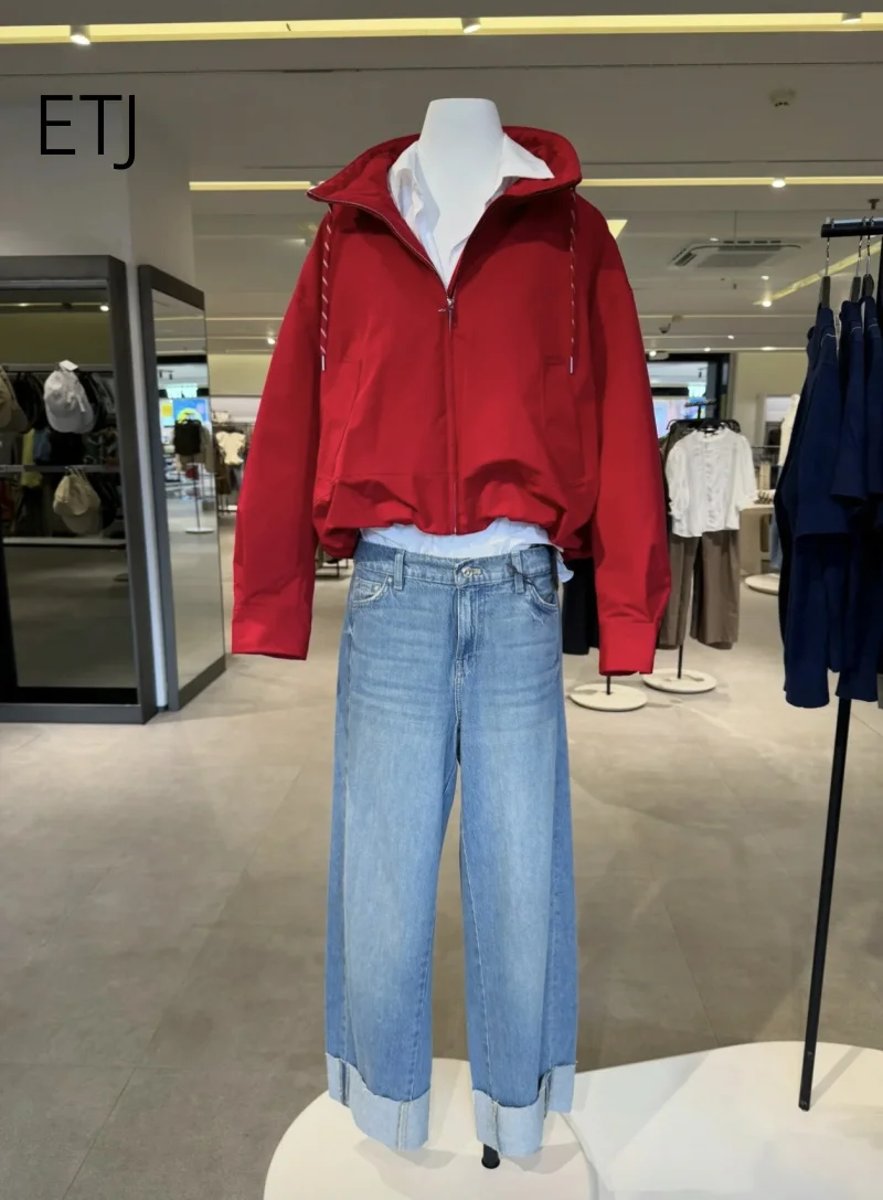 ETJ 2026 Women's Polyester Padded Jacket Stand Collar Drawstring Cinched Waist Oversized Puffer Cropped Windbreaker