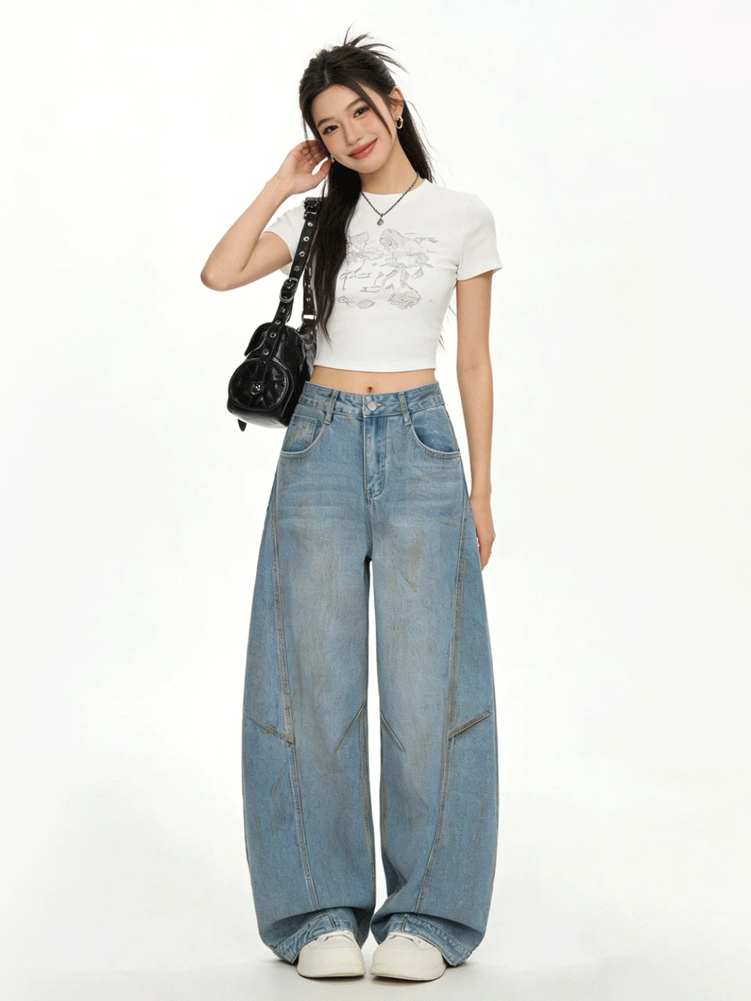 

Early Spring Soft Denim Knife Pants Korean Design Dyed Print Floor Length Slimming Wide Leg Jeans Good Fit Ladies Jeans