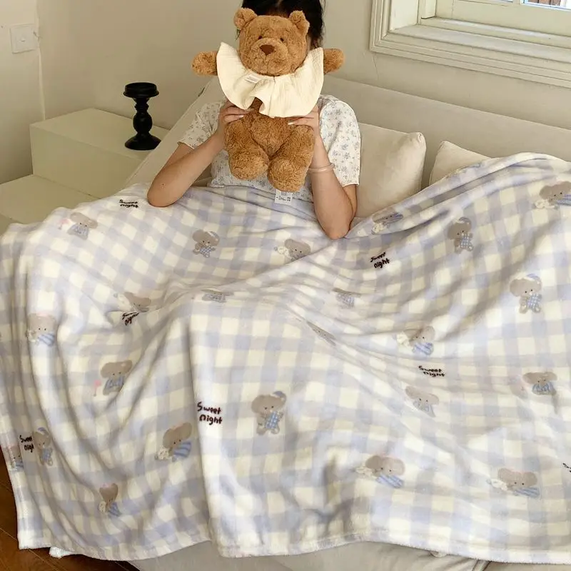 VIKAMA Sweet Gingham Throw Blanket with Little Cartoon Bears on Light Blue Check Soft Couch Blanket All Season Sofa Decor