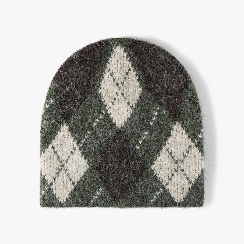 Argyle Plaid Beanie Wool Blend Diamond Check Knitted Caps Bonnet Hat