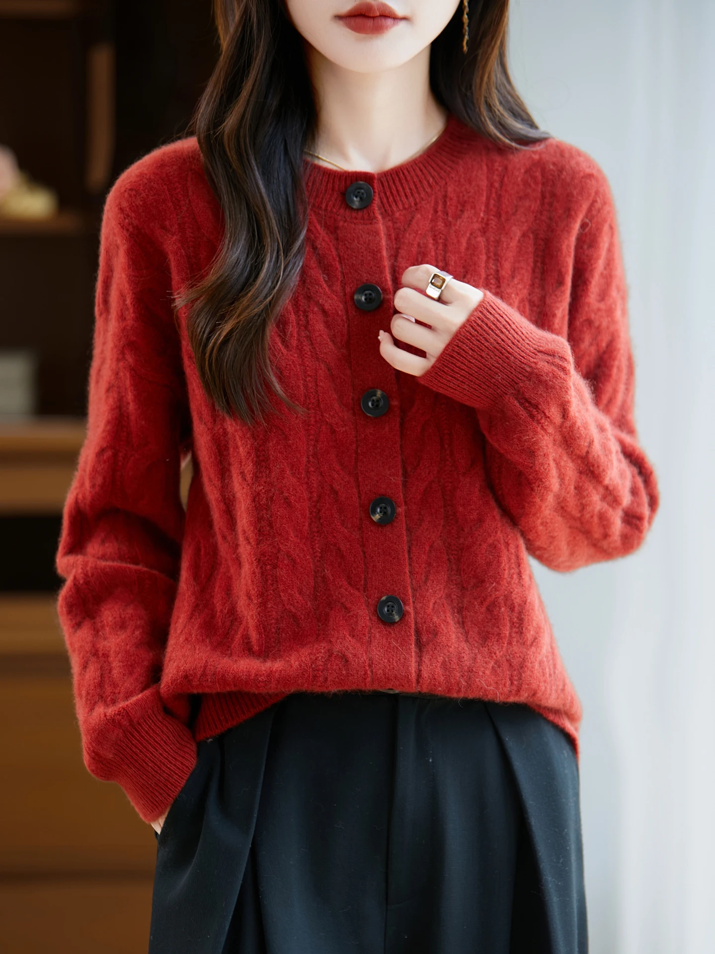 

Women's 100% Merino Wool Cardigan O-neck Long Sleeve Sweater Warm Autumn Winter Cashmere Knitwear Korean Fashion Top