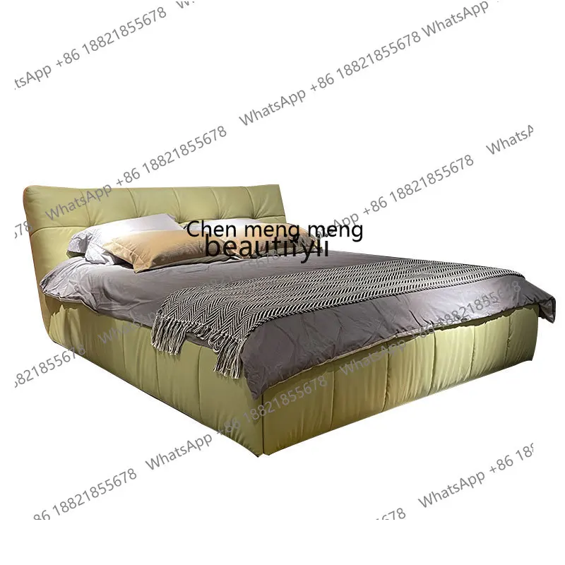 Leather Double Marriage Bed Mute Bed in Master Bedroom Simple Italian Imported First Layer Cowhide Bed down Soft Bag