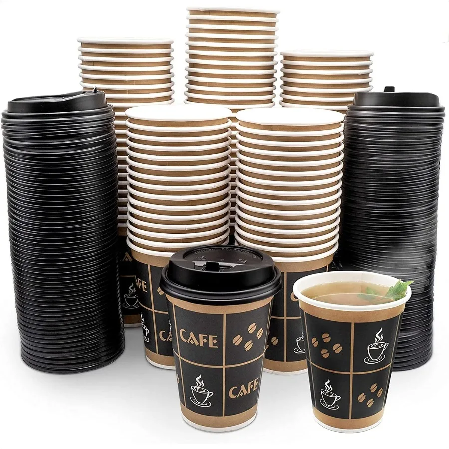 

[12 oz 100 Sets with Lids] PREMIUM Paper Hot Coffee Cups with Resealable Lids Leak Free To Go Hot Beverage Drinks