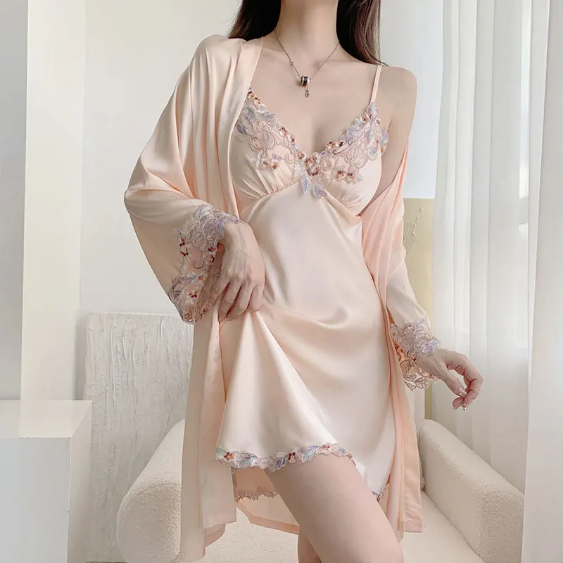 Ice Silk Sleeveless Nightgown & Shorts Set Women Summer Ultra Thin Backless Lace Trim New with Chest Pad Sexy Sleepwear