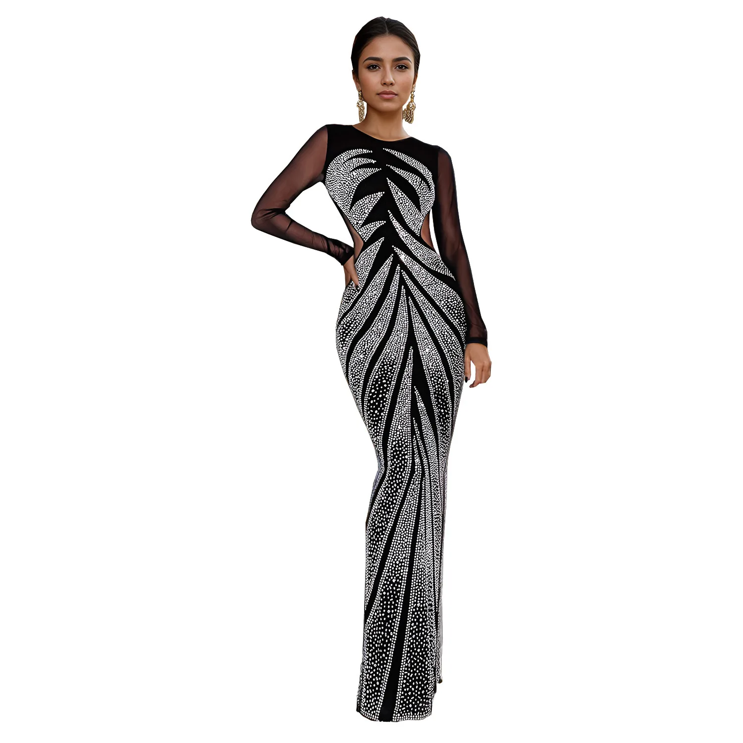 

C7150 Fashion Women's Hot Diamond Long Sleeve Sexy Tight Bag Hip Dress