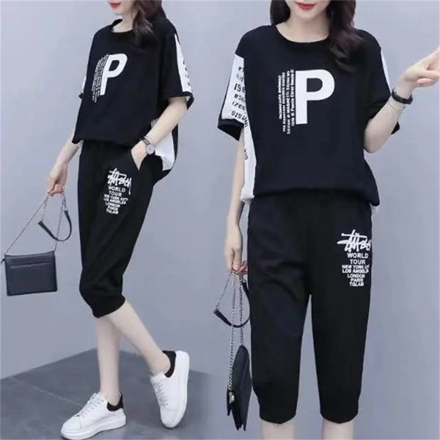 M-6XL Tracksuits Women Print Short Sleeve T-shirts and Pants Suits Casual Fashion Sport Set Elastic Waist Two Piece Sets