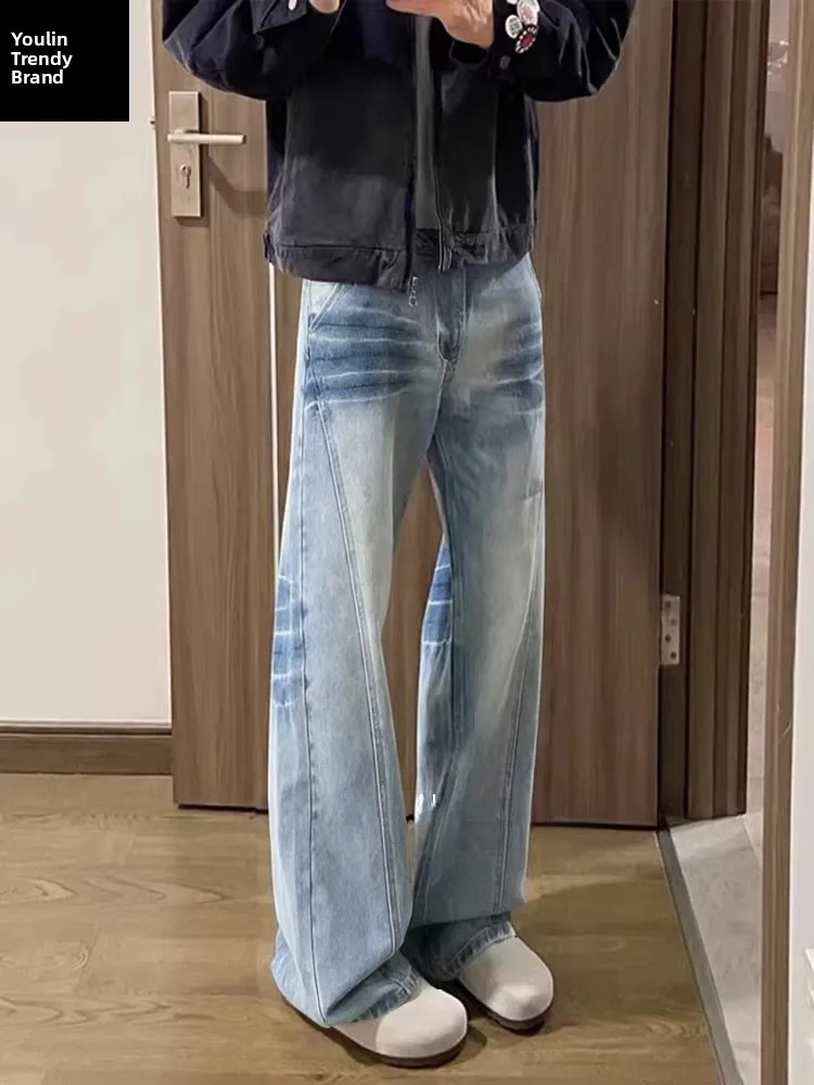 

Cleanfit Loose Straight Leg Blue Jeans Men's American High Street Vibe Slanted Cut Trousers Casual mid Waist Waed Cotton