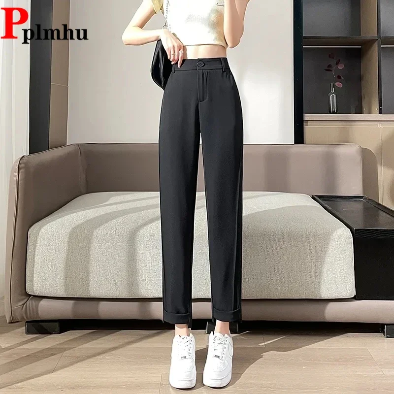 Clássico tornozelo comprimento harem terno pantalones coreia moda escritório feminino spodnie doce cor elástica cintura alta formal calças soltas