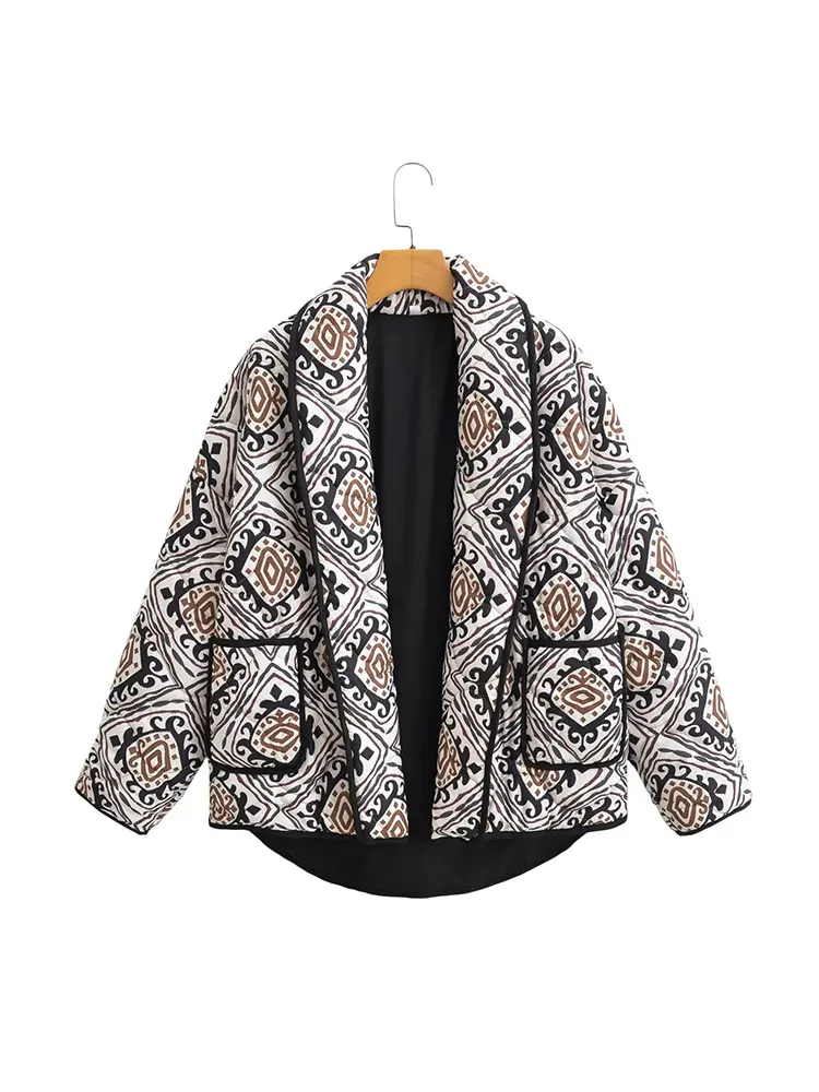 TRAF 2023 Autumn Women Printed Quilted Cotton Coat Long Sleeve Winter Jacket Women Cropped Parka Vintage Street Outerwear