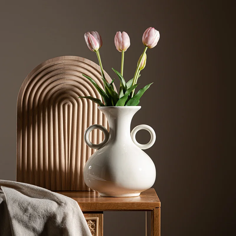Cream Style Double Ear Vase with A Sense of Luxury, Vintage Style,High Aesthetic Value, Simple Decoration, and Dried Flower Vase