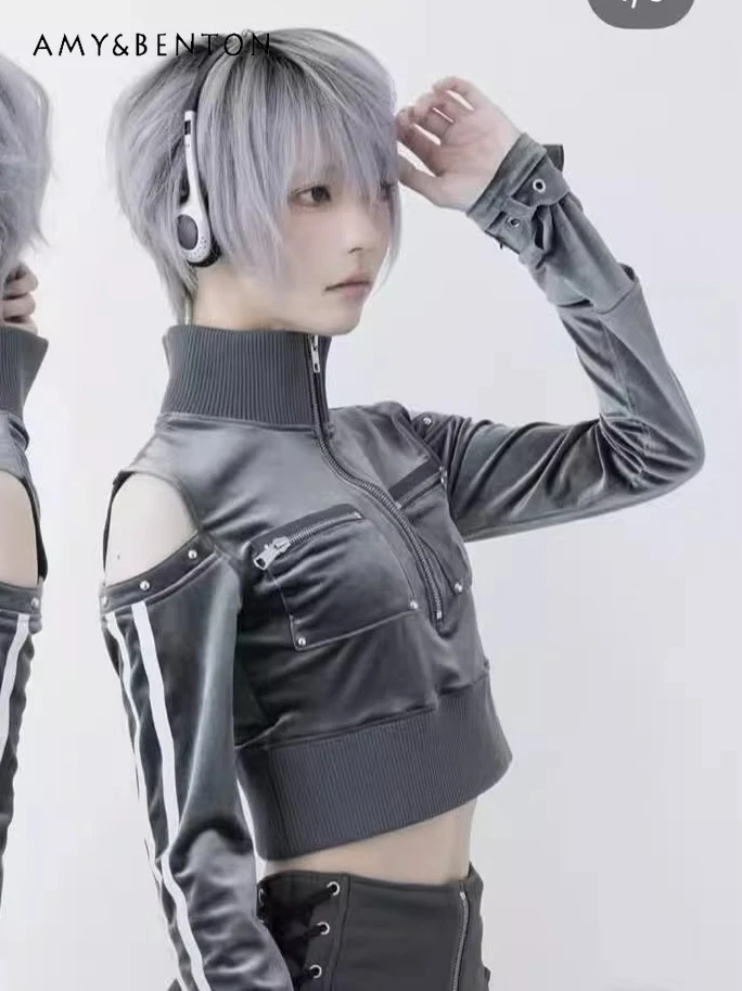 

Крутая мотоциклетная стильная тонкая бархатная куртка с воротником-стойкой и длинными рукавами и заклепками, женская короткая куртка в японском стиле субкультуры в готическом стиле