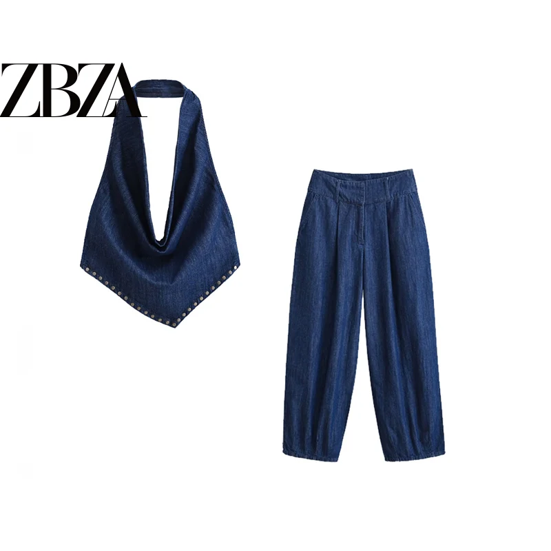 Sexy Backless Bell Buckle Collar Design Vacation Style Top And Pants Set for Women Summer Fashion Outfit Hanging Neck