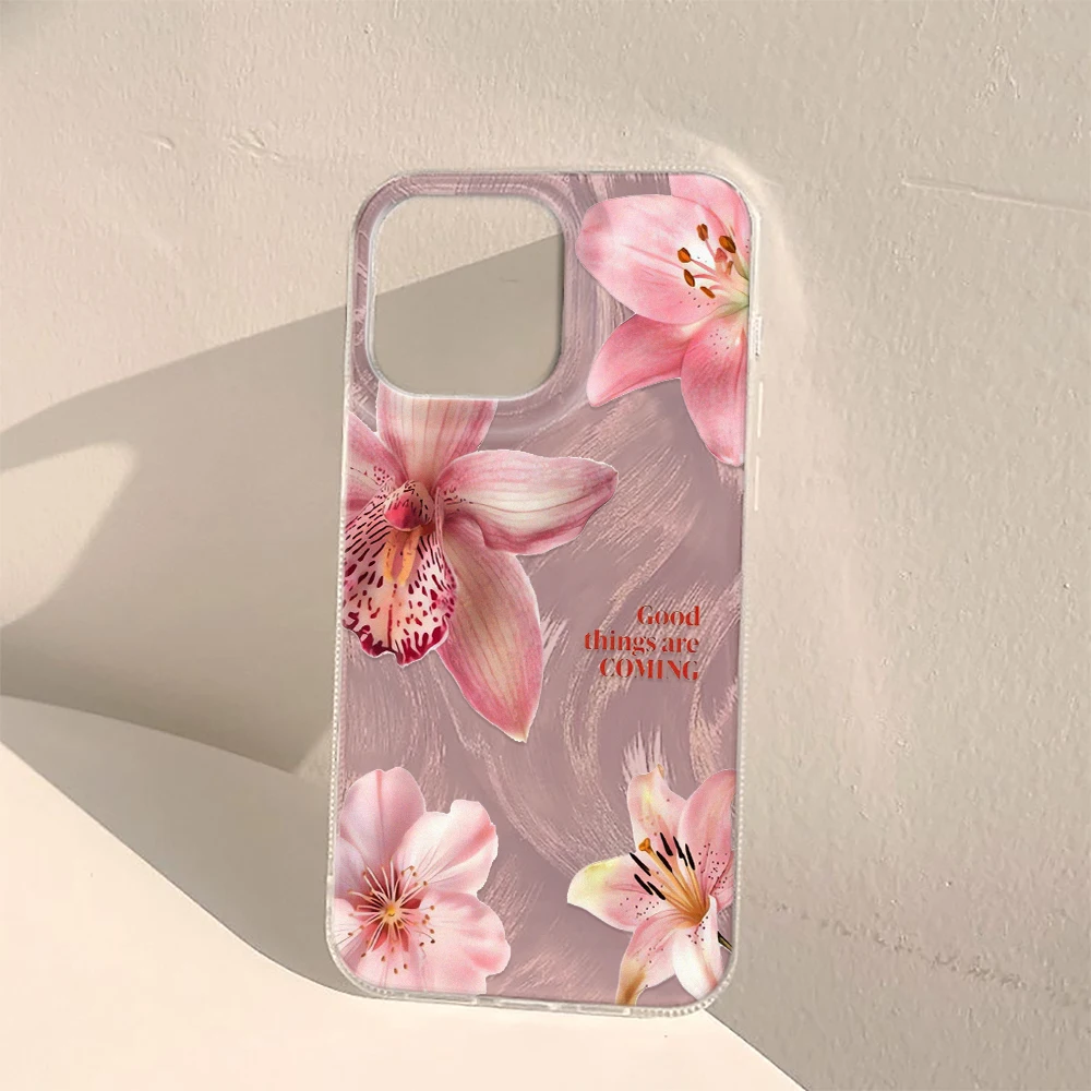 

Чехол для телефона с розовым цветочным узором для IPhone 16 16E 15 14 13 12 11 Pro Max 8 7 Plus XR XS X SE Противоударный прозрачный жесткий чехол