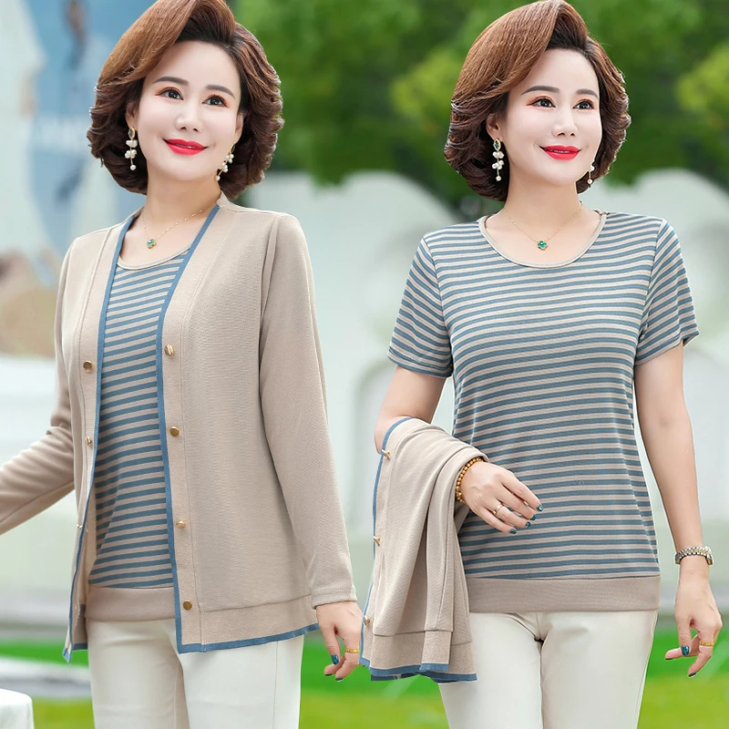 2pcs/set Middle Age Women Long Sleeve Knitted Cardigan Top striped T-shirt Spring Fall Mother Clothing Camisetas Mujer