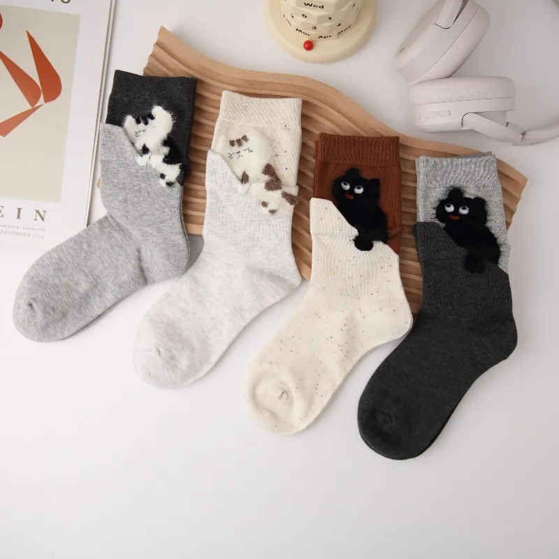 4 Pasang Kaus Kaki Lucu Musim Gugur Musim Dingin Kaus Kaki Setengah Betis Gambar Kucing Sederhana Wanita Set Kaus Kaki Wanita Fashion Lucu Musim Gugur Tinggi Kualitas Tinggi