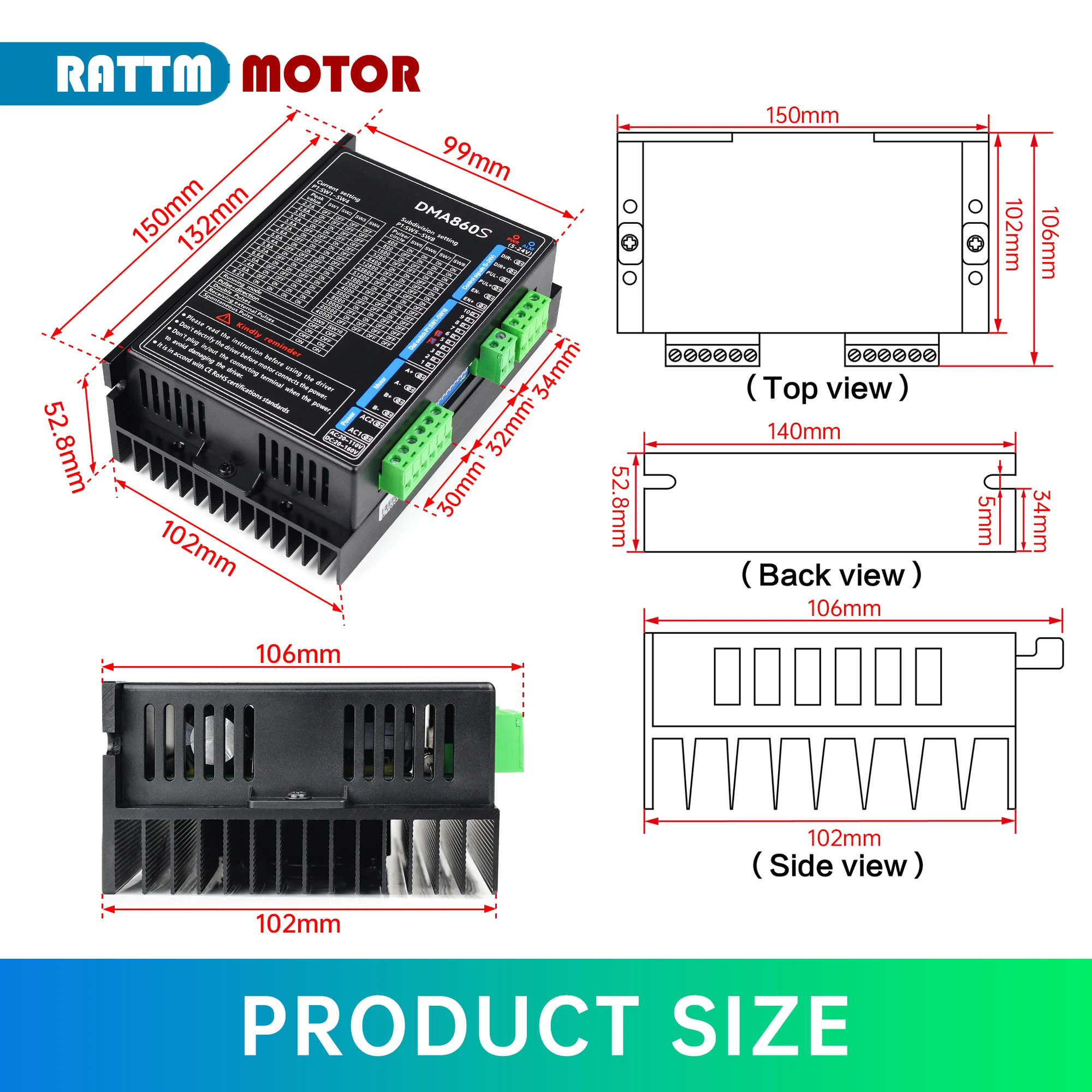 

DMA860S Nema 34 Stepper MOTOR Driver 2.2A-8.2A 18-110V AC 18-160V DC