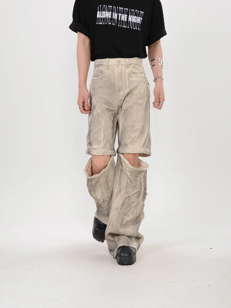 디컨스트럭팅 니치 디자이너 디자인 더티 워시 워른 진 남성용 탈부착 가능한 루즈핏 와이드 레그 바지