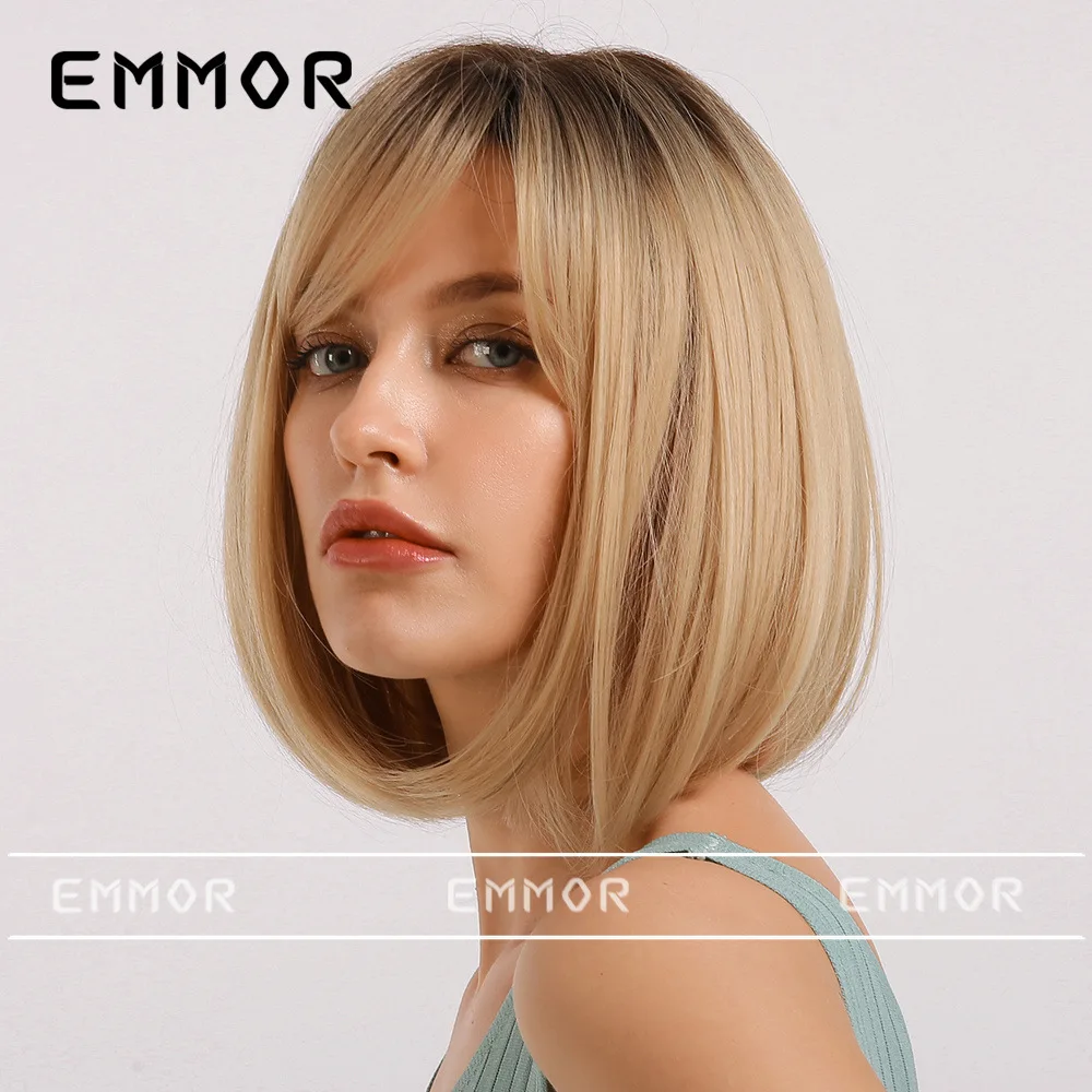 European American Fashion Women Full Wig, Gradient Gold Short Hair Wig with Straight Bangs, Easy To Style
