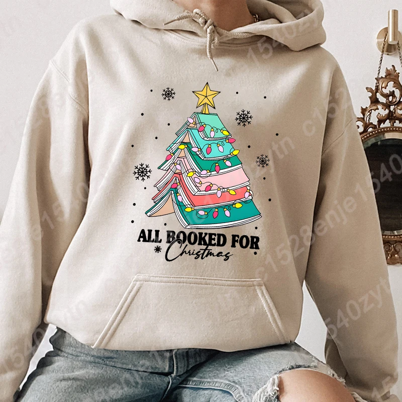 Women Fashion Hoodie All Booked For Christmas Print Hooded Pullover Casual Outdoor Pocket Long Sleeve Sweatshirts Pure Color Top