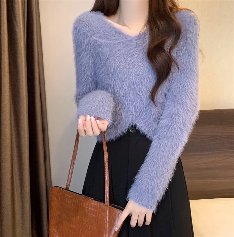 Fluffy Surplice Sweater Pullovers Women Soft Fuzzy Long Sleeve Knit Jumper Pink Crop Sweater Fall Winter Y2K 90s Outfit