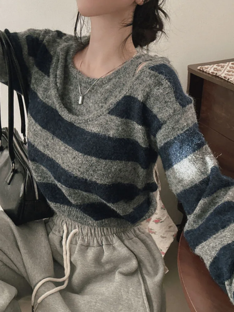 

Мягкий полосатый трикотаж в стиле ретро, искусственный двухсекционный мягкий полосатый трикотаж, женский зимний новый универсальный свитер