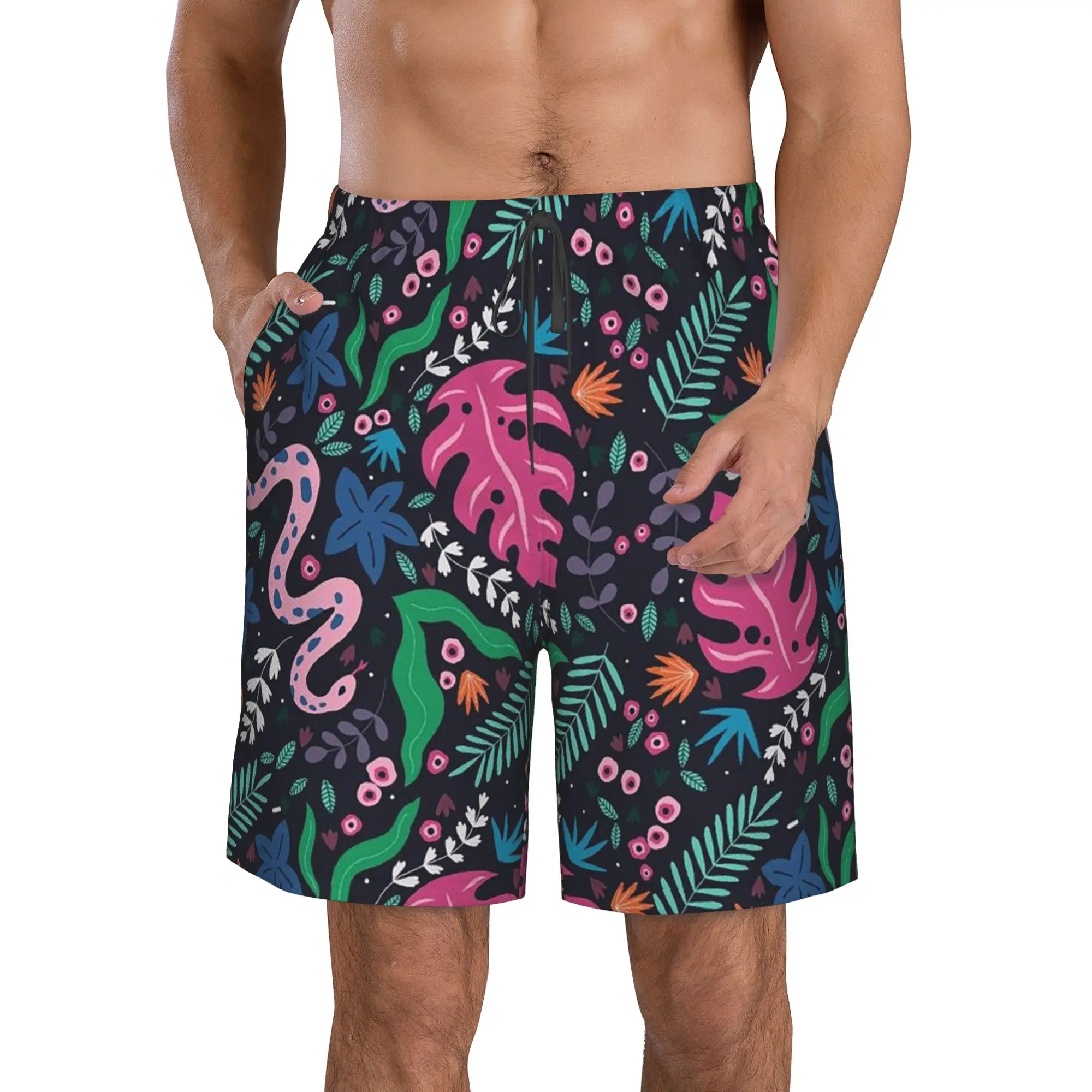 Colorful Snakes And Plants Pattern Trunks Beach Board Shorts Casual Quick Dry Swim Summer Men Pants