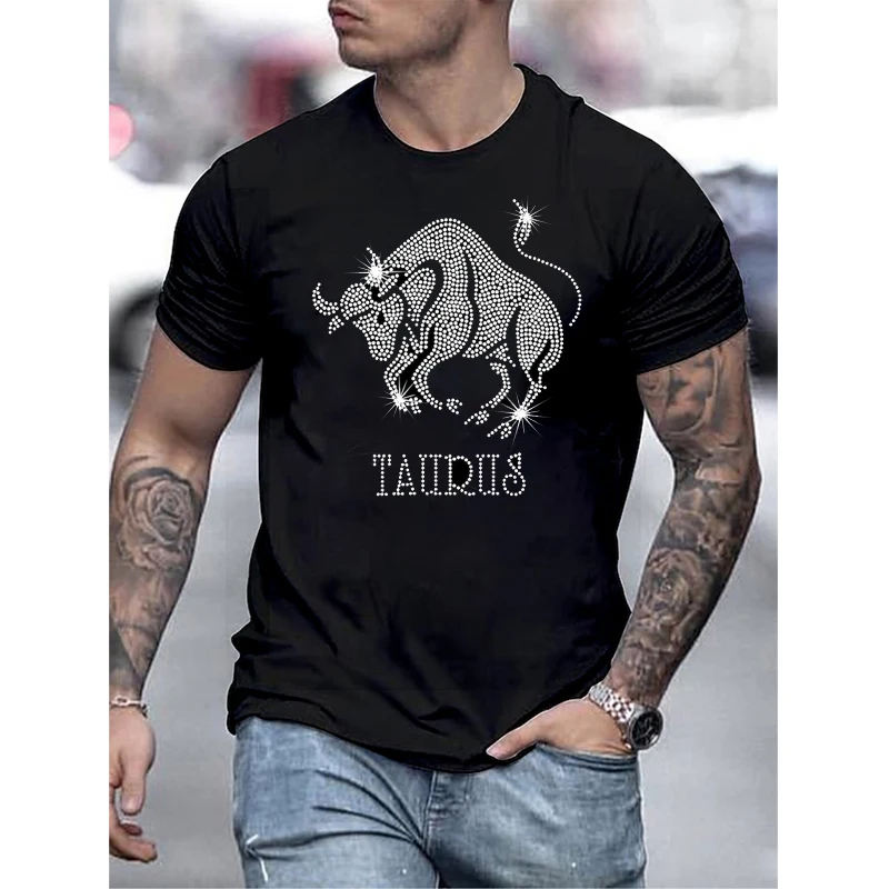 Social Men's Clothing Oversized Tee y2k Taurus Rhinestone Designer Short Sleeve Tops Casual Unisex Fitness Streetwear T-Shirts