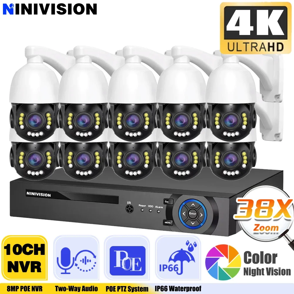 Color Night Vision POE CCTV Camera Security System PTZ 4K 10CH POE NVR 38X PTZ Zoom Two-Way Audio 8MP IP Camera Video System