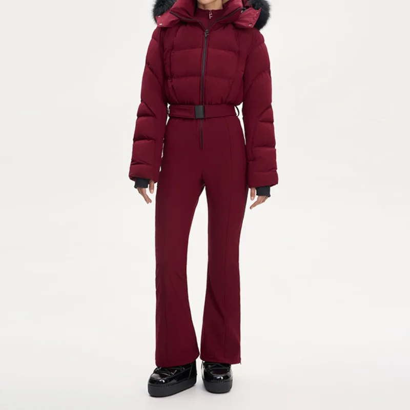 Verdickter einteiliger Skianzug für Damen, Kunstfell, mit Kapuze, Quasten, Mantel, hoher Taillengürtel, Overall, 2022, Winter, winddicht, wasserdicht, Skibekleidung – Detail 8