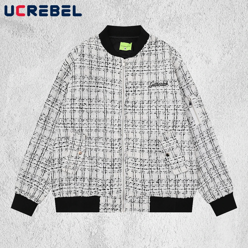 

Retro Plaid Baseball Jacket Mens Autumn High Street Loose Stand Collar Long Sleeve Outerwear Man