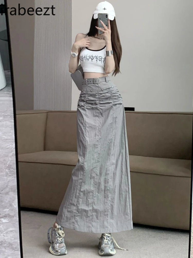 

American Design Sense of Pleated Half Pack Women's Summer Thin High Waist Back Slit A-line Straight Fashion Long Skirt