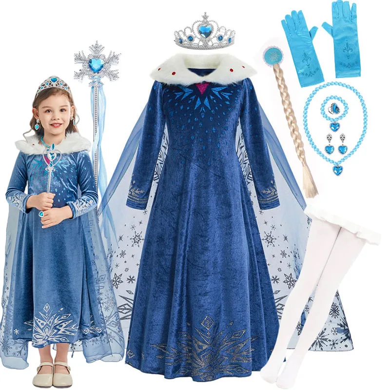 Girls Frozen Winter Elsa Princess Dress for Kid Cosplay Full Sleeve Carnival Halloween Costume Snow Queen Birthday Party Evening
