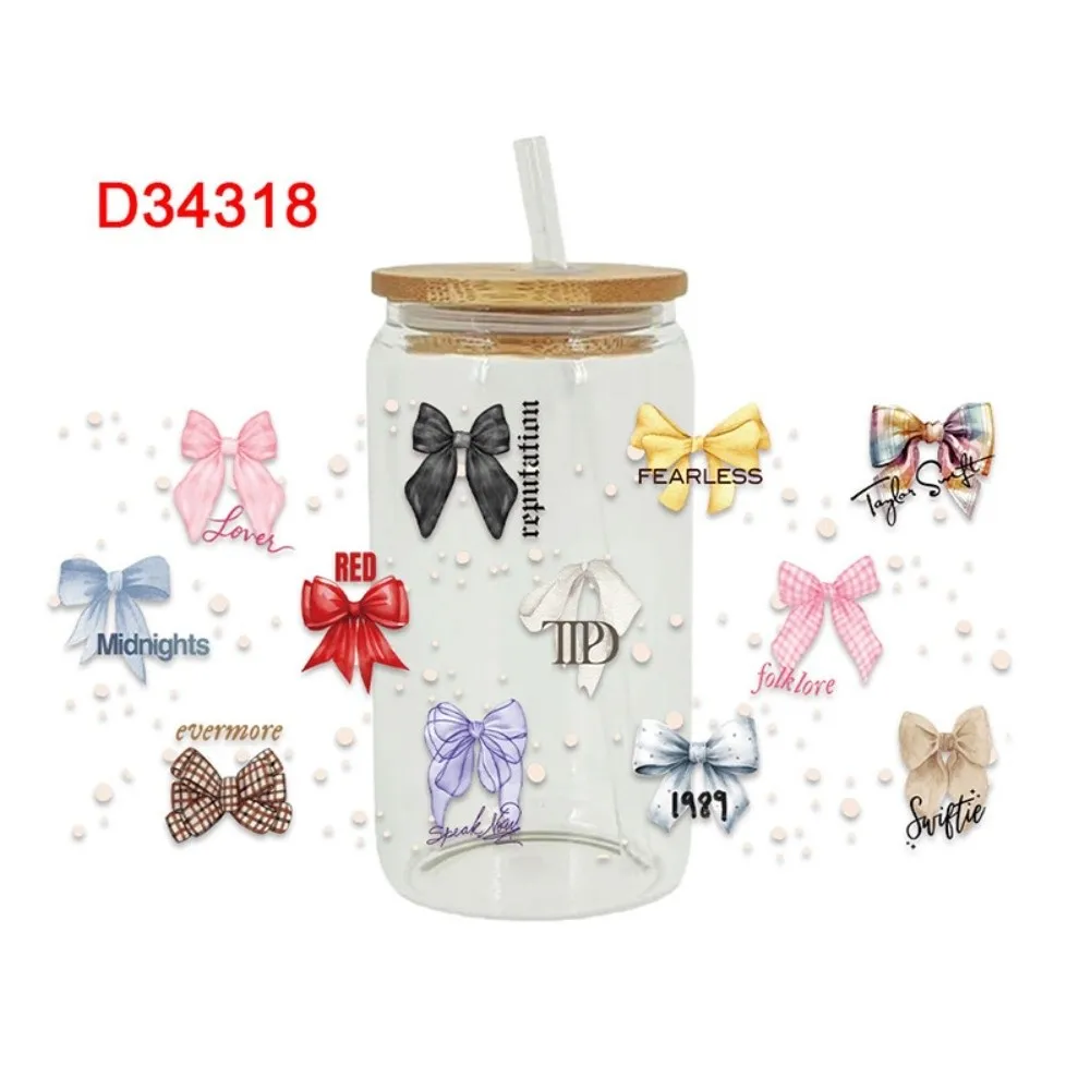 

New Waterproof UV DTF Transfer Sticker Clear DIY Pink Bow Decals Smooth Wrap Stickers For 16Oz Glass Cup