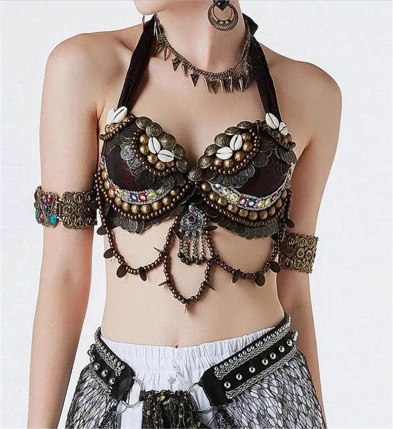 Damski biustonosz z koralikami regulowany biustonosz plemienny lub pas kostium taneczny brzucha kostium taneczny nowy kostium cygański