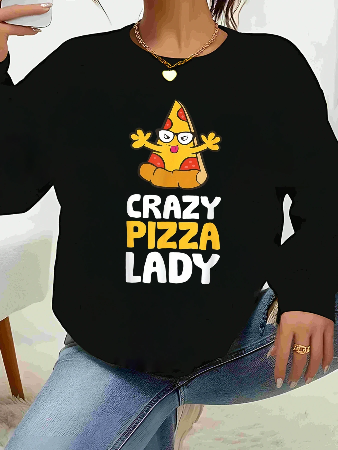 

Pizza Slice Crazy Pizza Lady Толстовка с длинными рукавами и принтом Повседневная одежда для женщин