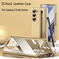 S Pen Phone Case for Galaxy Z Fold6 Fold5 Hinge Protection & Built-in Screen Protector Leather Phone Cover for Fold4 Fold3 Gold