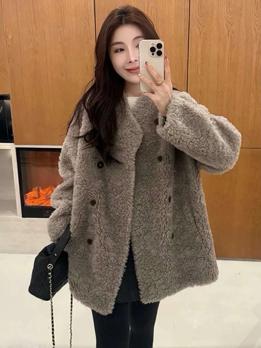 

Korean Sle Thiened Long Sve Double Button Lamb Fur Inteated Outerwear Warm All-Match Spring Autumn New Arrival Women...