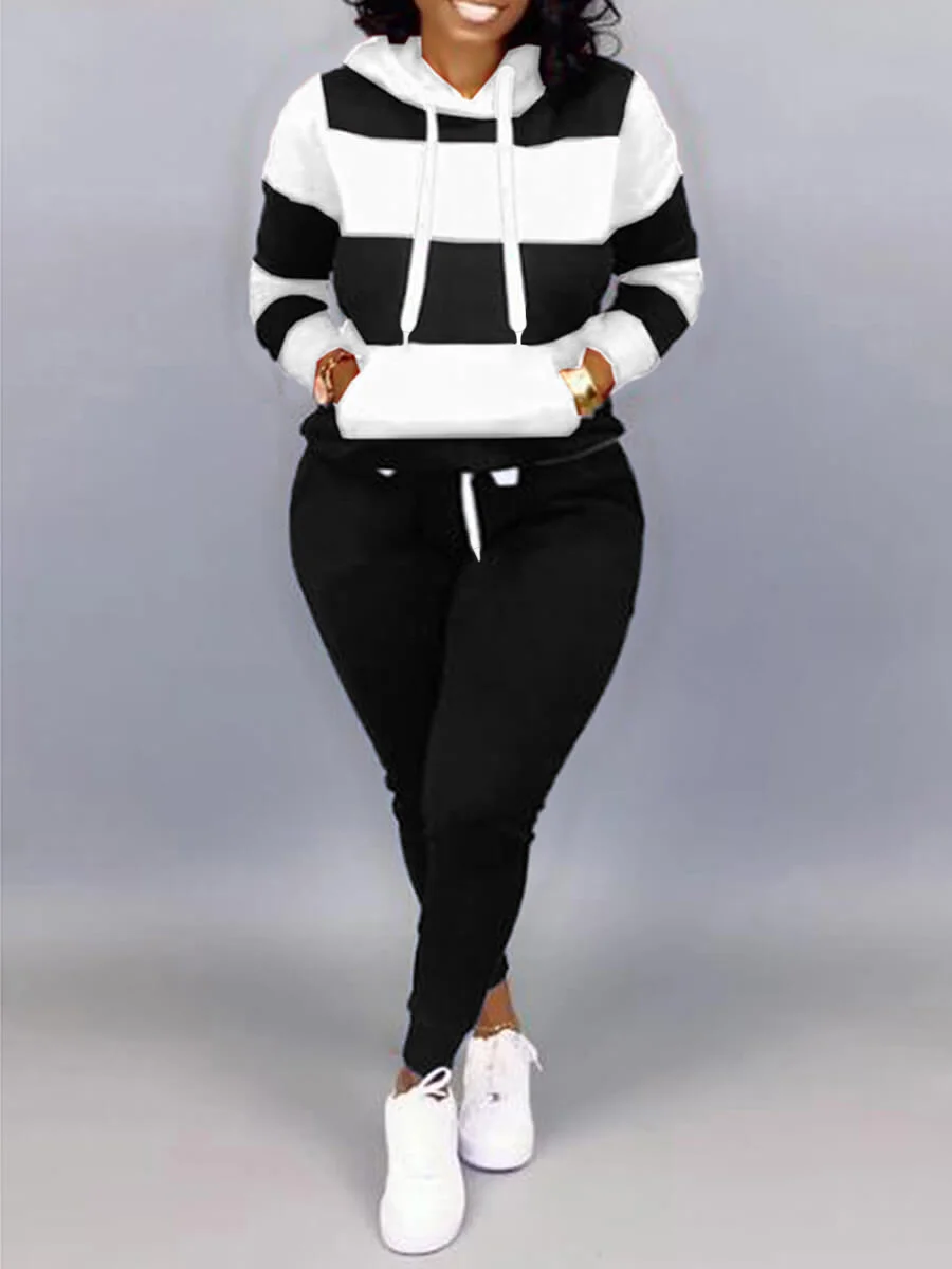 LW Hooded Long Sleeve Tricô Conjunto para Mulheres, Hoodie Estampado Listrado, Moletons Quentes, Cordão, Plus Size, Outono