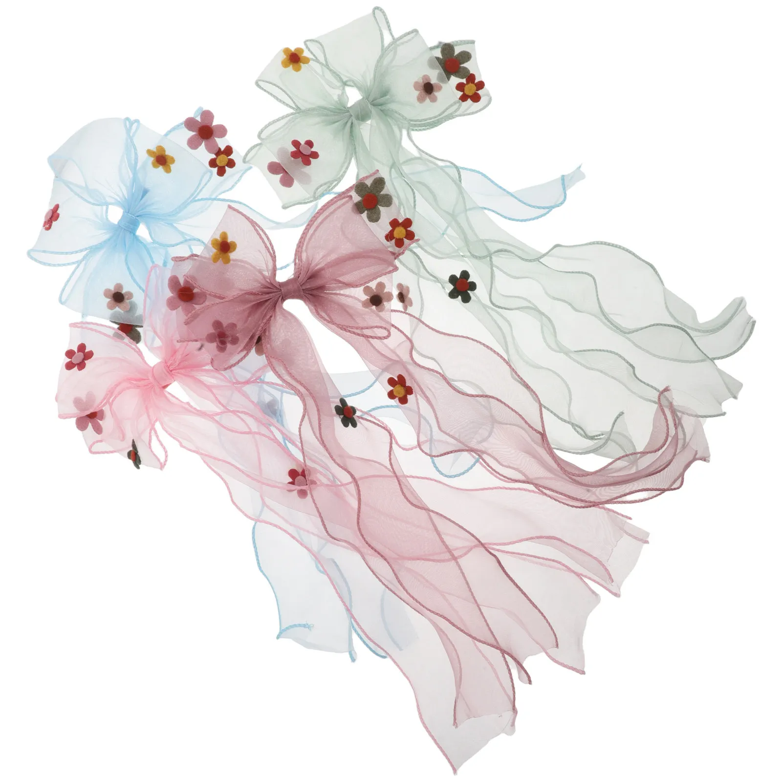 

4Pcs Large Hair Ribbons for Girls - Chiffon Bow Clips Long Tail Design Multi Color Organza Hair Accessories for Toddlers