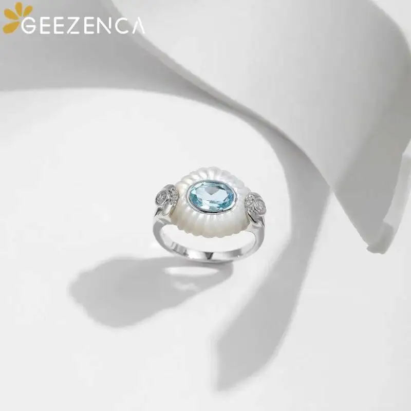 GEEZENCA Natural Topaz S925 Silver White Mother of Pearl Zircon Ring For Women Blue Stone Oval Luxury Chic Rings 2024 New Gift