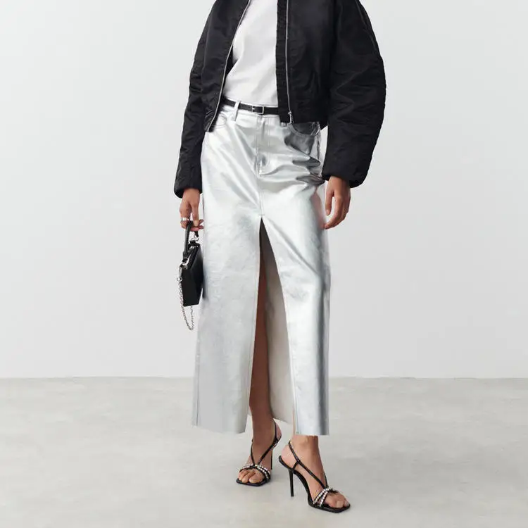 Gonna f in pelle PU slim fit argento Gonna da donna di nuovo arrivo Ci Walk Sle con cintura a metà coscia