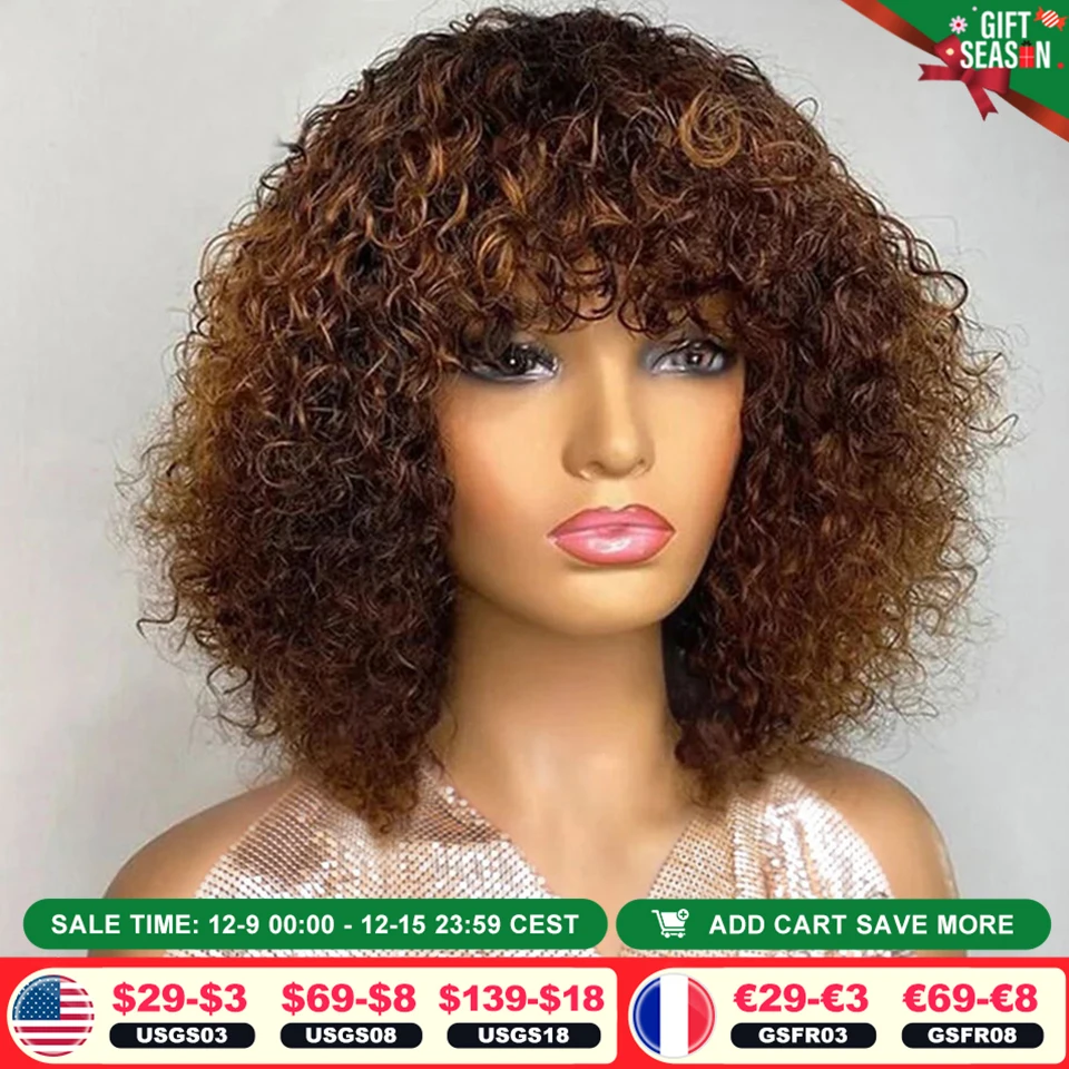 Short Pixie Bob Cut Human Hair Wigs With Bangs Jerry Curly Full Machine Wig Highlight Honey Blonde Colored Wigs For Women