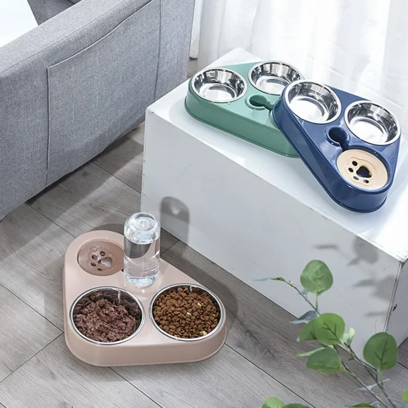 Pet Cat Bowl Automatic Feeder 3-in-1 Dog Cat Food Bowl with Water Fountain Double Bowl Drinking Raised Stand Dish Bowls for Cats