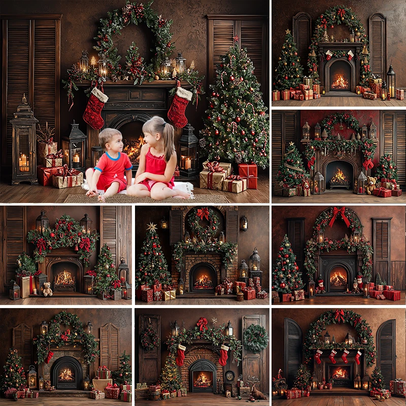 

LS Classsic Fireplace Wooden House Backdrops Kids Adult Photography Child Baby Photocall Decors Wreath Xmas Trees Backgrounds