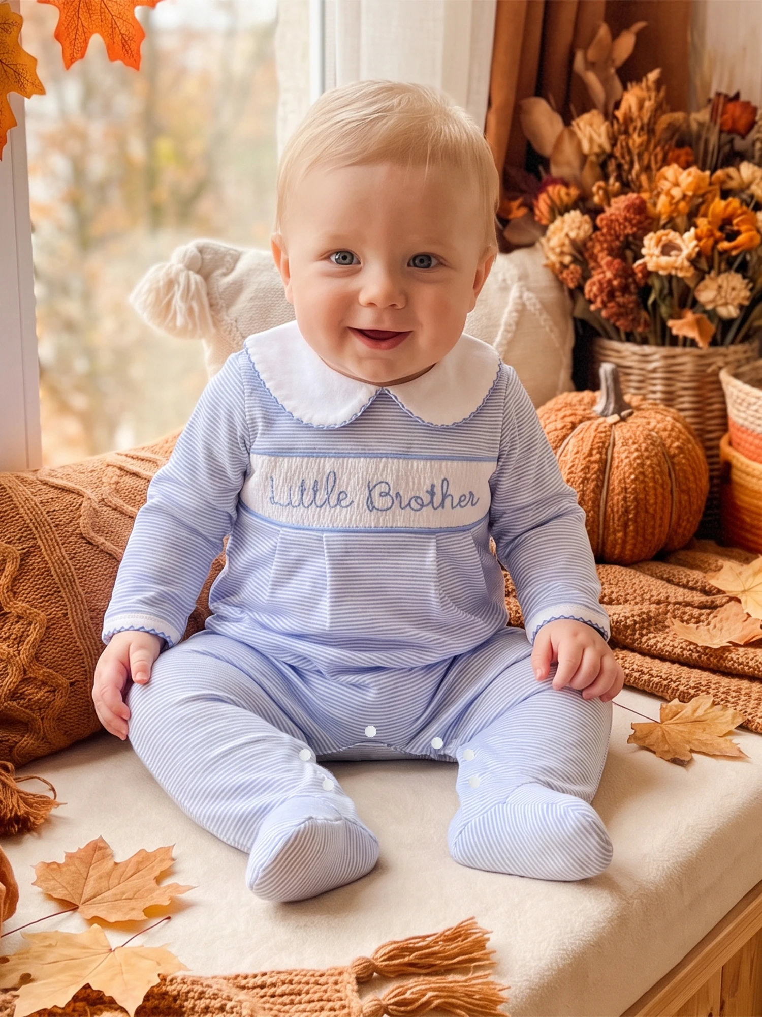 Collar Footed Pajamas Letter Pajamas Letter Embroidery Doll Collar Jumpsuit Romper Footed Pajamas Boy Striped