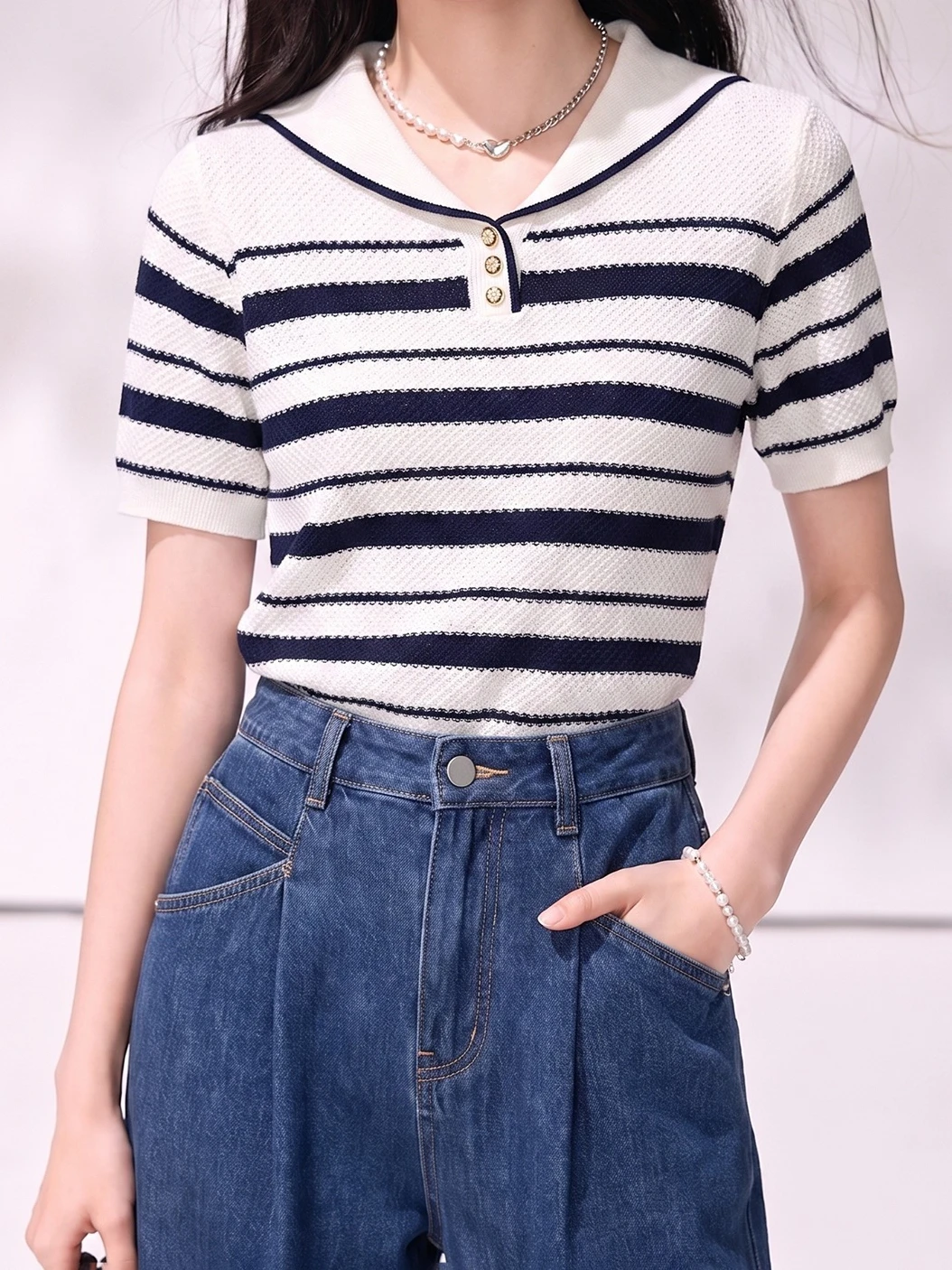 2026Retro Navy Collar Half-Placket Striped Short Sleeve T-Shirt Women's Summer Color Block Loose Minimalist Versatile Casual Top