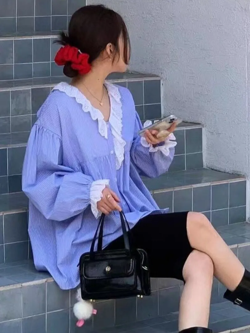 Casual Striped Ruffle V-Neck Long Sleeve Top Blogger Style Korean Loose Fit Slimming Shirt for Spring Autumn Winter