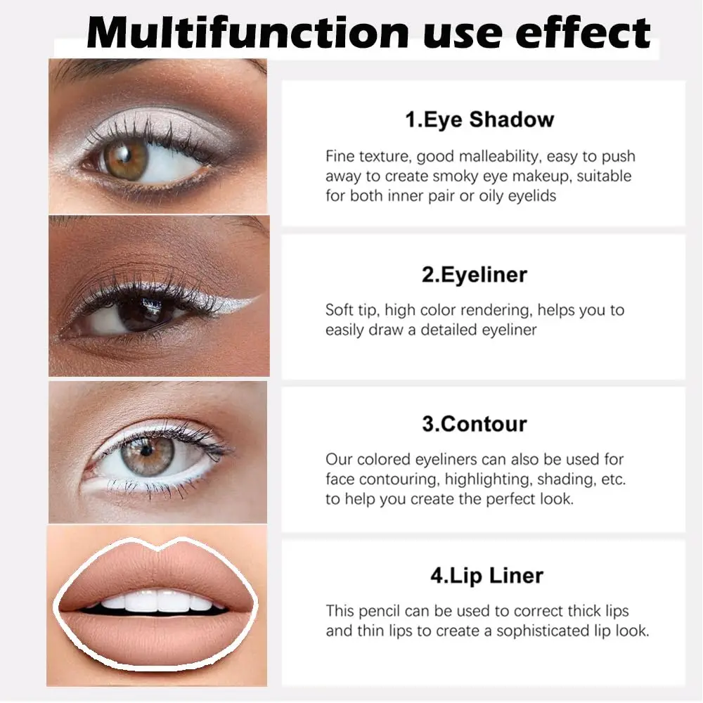 محدد عيون جل مقاوم للماء، بدون تلطخ، يدوم طويلاً وناعم، أبيض - مكياج عيون نسائي