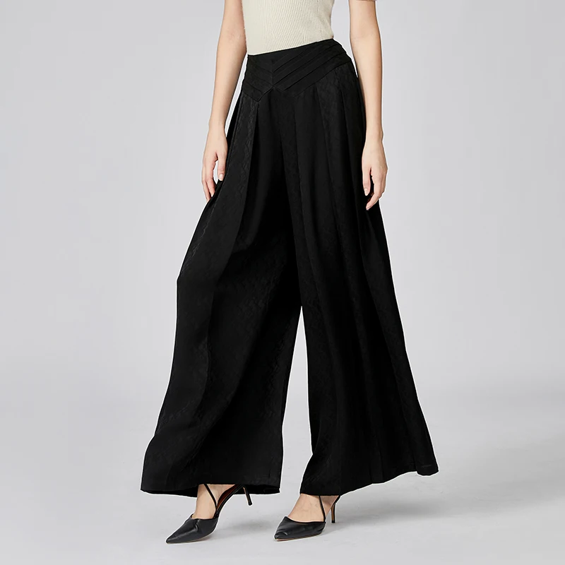 Simple Folding Stitching Middle Waist Black Silk Jacquard Trousers Autumn Office Wide Leg Pants Casual Women's Bottoms KE613