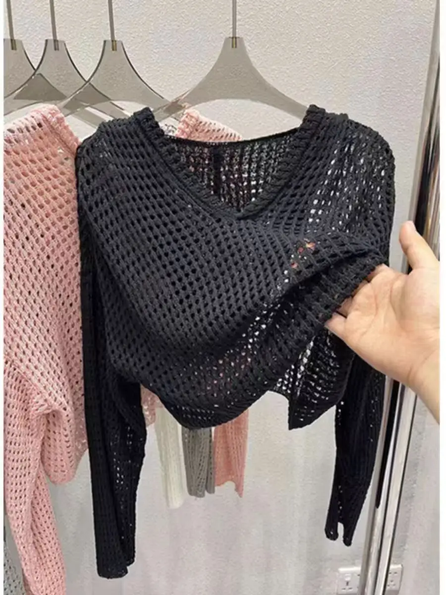 เสื้อสเวตเตอร์ถักลายฉลุมีฮู้ดสำหรับผู้หญิง แขนยาวโปร่งแสง ทรงบ็อกซี่ ครอปท็อป สำหรับวัยรุ่น ฤดูใบไม้ผลิ ฤดูร้อน สไตล์ Y2K